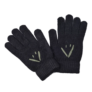 Ins style black knit gloves with green embroidery and warm ribbed cuffs for winter