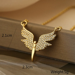 Detailed view of gold angel wing pendant with dimensions 2.1x2.3cm and 5g weight