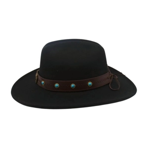 Detail of black felt fedora with brown leather band and inlaid turquoise gemstones