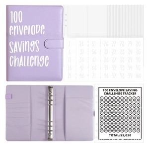 Detail of purple PU budget binder with 100 transparent cash envelopes and savings tracker