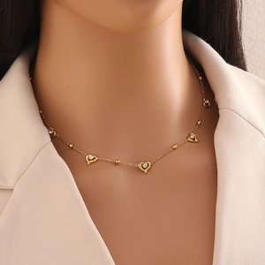 Stainless Steel Heart Pendant Necklace Gold Plated Beaded Chain Rhinestone Dainty Minimalist Jewelry For Women