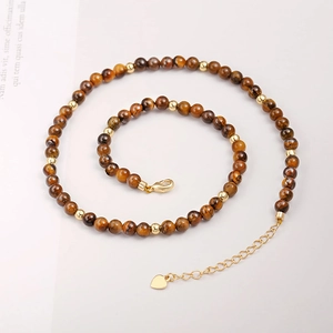 Bohemian tiger eye and pink zebra stone beaded necklace with gold heart charm