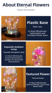Detailed close-up of a colorful gold-plated rose in a glass dome with warm LED fairy lights