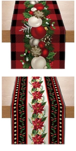 Detailed overhead view of festive Christmas table runners with floral and plaid holiday patterns