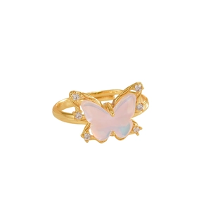 Elegant gold butterfly ring with pink crystal and small diamonds in Korean style