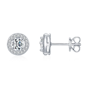 S925 sterling silver halo moissanite stud earrings with round center stone and butterfly back