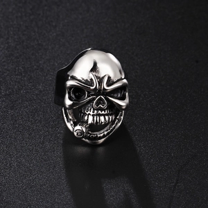 Retro gothic skull ring with pipe smoking detail in polished stainless steel for men