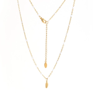Golden stainless steel feather pendant necklace with white seed beads and lobster clasp