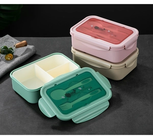 Three-compartment plastic lunch box with built-in cutlery storage and leaf pattern lid