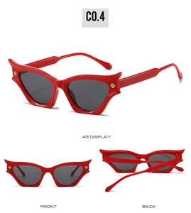 Three-view display of red cat eye sunglasses with unique pointed devil horn frame details