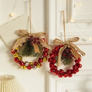 Christmas Bell Wreath Hanging Ornament With Metal Bells Burlap Bow Artificial Pine And Berry Holiday Wall Decor