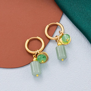 Golden stainless steel hoop earrings with green natural stone and disc charms
