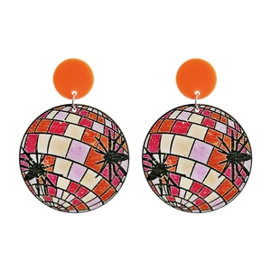 Vintage Halloween round dangle earrings featuring orange studs and colorful spider pattern