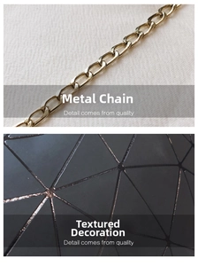 Close-up of golden metal chain and black geometric triangle pattern on the shoulder bag