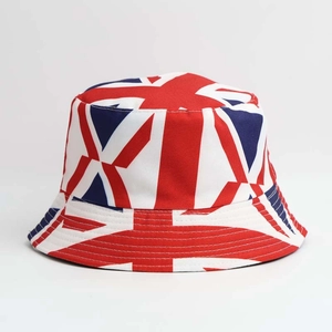 Classic bucket hat featuring a full Union Jack British flag print in red, blue, and white
