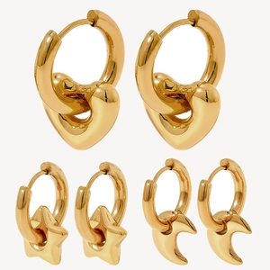 Three-pair gold stainless steel earring set with heart, star, and moon shaped charms