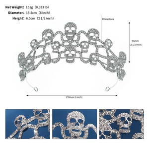 Detailed silver skull crown specifications with rhinestone accents and size dimensions