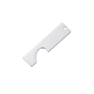 Close-up of polished stainless steel rectangular tag with heart cutout for couples