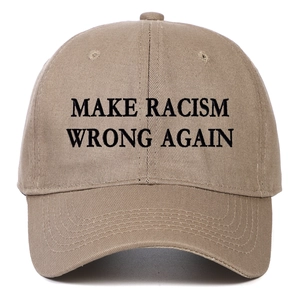 Close-up of black Make Racism Wrong Again embroidery on khaki cotton baseball cap