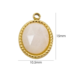 Detail view of 14K gold plated oval pendant with faceted white stone and size markings