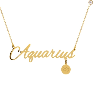 Golden stainless steel Aquarius constellation necklace with script pendant and crystal