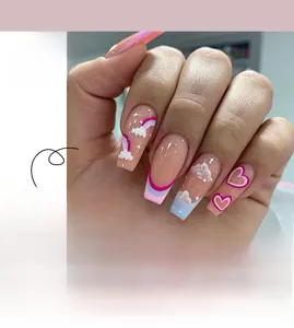 Rainbow cloud and heart patterns on medium-long coffin press-on nails set #JP2298