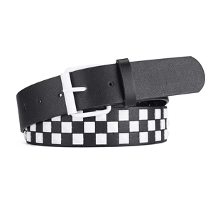 Punk style black leather belt featuring three rows of white square pyramid studs