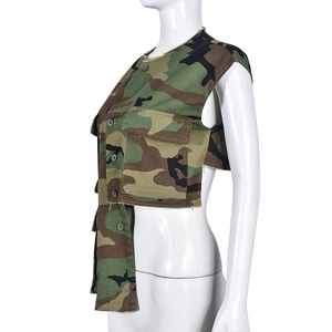 Side view of camouflage sleeveless vest showing button closures and distressed hem detail