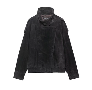 Detailed view of dark grey faux suede biker jacket featuring asymmetric collar and epaulettes