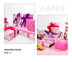 Detail of pink Christmas wrapping paper rolls with Santa Claus and reindeer illustrations