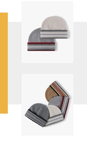 Detail showing high-quality striped wool knit beanie with thick texture and cuffed design