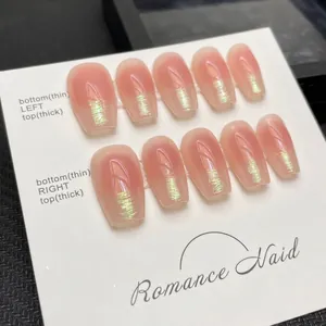 Aurora cat-eye pink long coffin press-on nails set with aurora shimmer finish