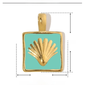 Detail view of a square mint green enamel pendant with golden shell patterns and dimensions