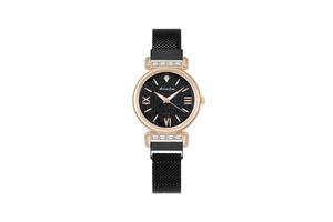 Detail of rose gold case with starry sky dial and black Milanese mesh magnetic strap