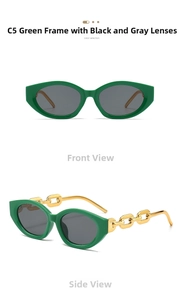 Cat eye sunglasses with green frames and gold chain temples shown in front and side views