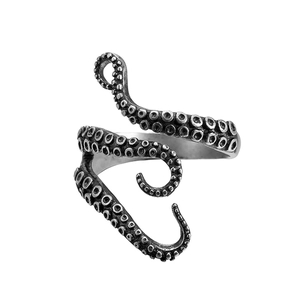 Detailed view of the textured silver octopus tentacle ring with vintage distressed finish