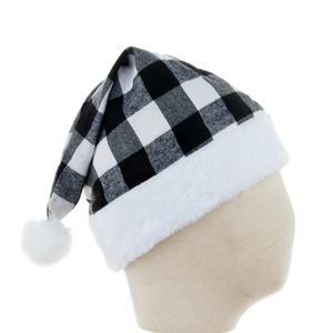 Classic black and white buffalo plaid Christmas hat with plush white trim and pom pom detail