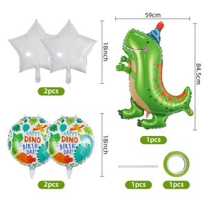 Detailed view of dinosaur foil balloon set with sizes for kids birthday party decor