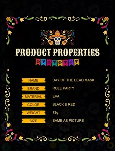 Detailed spec chart for the Day of the Dead mask showing EVA material and size info