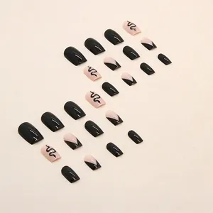 French snake print press-on nails set in black and nude medium long square shape