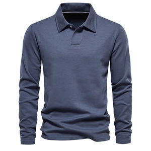 Men Long Sleeve Polo Shirt Washed Pique Cotton Blend Breathable Solid Color Casual Lapel Collar Fashion Top