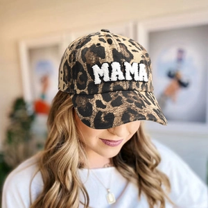 Women's leopard print baseball cap featuring white MAMA towel embroidery on cotton fabric