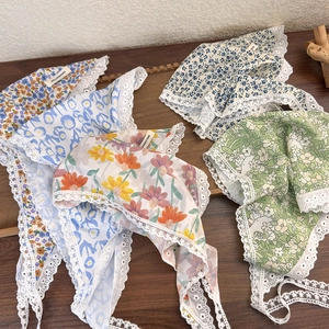 French Retro Floral Cotton Triangle Scarf Headwear Lace Trim Pastoral Style Adjustable Hair Bandana For Women Girls