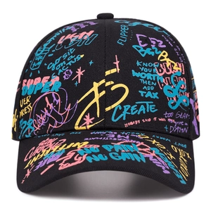 Unisex black graffiti baseball cap featuring colorful hip-hop prints and curved brim