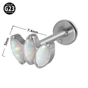 Macro view of G23 titanium labret stud with 7.4mm triple marquise opal stones
