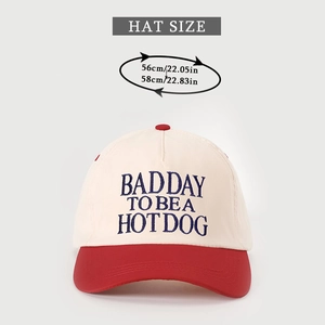 Detailed view of bicolor baseball cap showing 56-58cm size specifications and embroidery