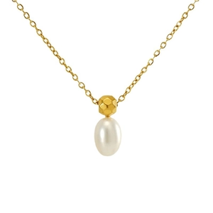 Elegant gold pearl necklace with faceted metal bead on a white background