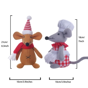 Christmas plaid fabric mice plush dolls with Santa and chef hats, dimensions shown