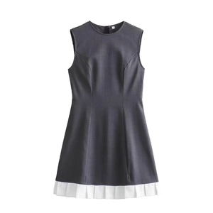 Women Sleeveless Dress Polyester Round Neck High Waist Color Block Pleated Hem Elegant Casual Office Summer Wear