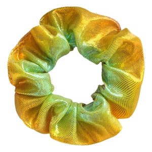 Holographic gold and green scrunchie with grid texture on a clean white background